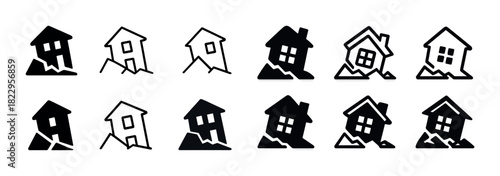 Set of earthquake-related house icons in various styles