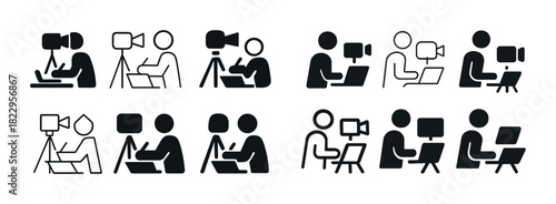 Vector icons of people filming and using laptops in various poses