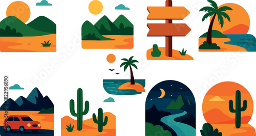 Colorful desert and tropical landscape vector set with mountains, palm trees, cacti, car and signpost