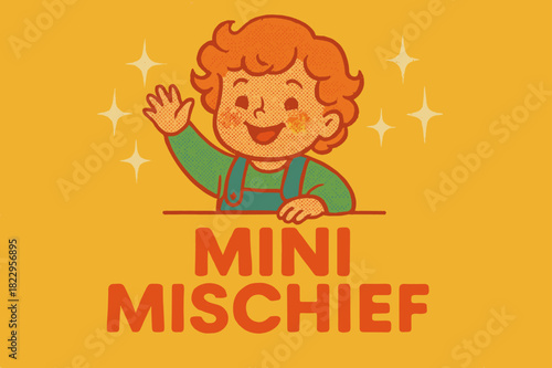 Mini Mischief Magic. Mini Mischief ? Retro Poster style; rounded 60s sans serif font, centered; halftone