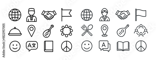 Simple line icons: globe, handshake, flag, music, peace, smiley, location, cutlery