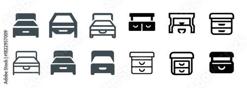Monochrome bed and nightstand icons set in various styles and designs