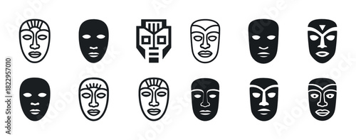 Set of african tribal masks collection in black and white