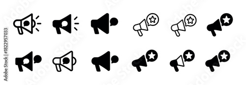 Set of megaphone icons in various styles for communication and promotion