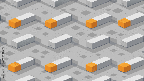 Seamless isometric pattern of modern gray rectangular blocks with orange tips, creating an abstract, minimalist, digital city background or 3D technical texture.