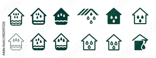 Set of house and water icons representing flood and rain concepts