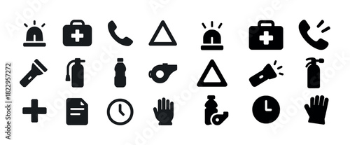 Emergency and safety icons set featuring phone, first aid, and warning symbols