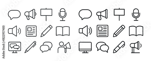 Communication and media icons: microphone, speaker, speech bubble, pen, and display