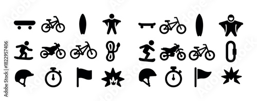 Adventure icons set: skateboard, bicycle, surfboard, climbing, paragliding, stopwatch