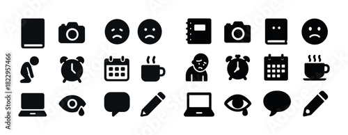 Collection of everyday icons: emotions, objects, and technology in black and white