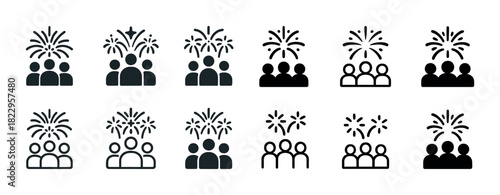 Icon set of people celebrating with fireworks in various styles