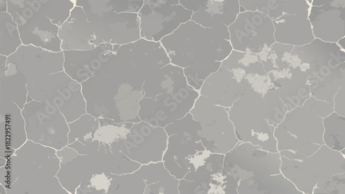 Seamless gray texture with an irregular pattern of light cracks and weathered spots, resembling dried mud, old plaster, marble veins, or a distressed concrete wall.