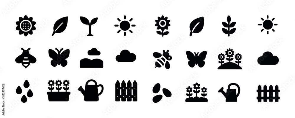 Fototapeta premium Nature icons set: sunflowers, leaves, bees, clouds, watering can, fence, seeds, sun