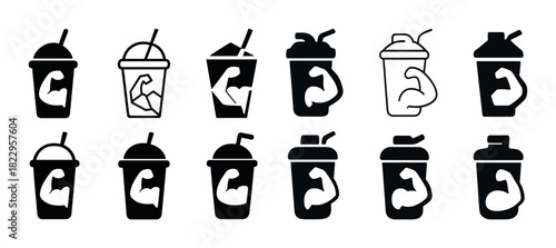 Variety of drink icons with arm flexing symbol for fitness and health