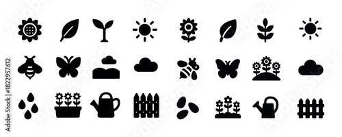 Nature icons set: sunflowers, leaves, bees, clouds, watering can, fence, seeds, sun