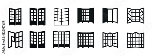 Set of 12 vintage room divider silhouettes in various folding screen designs