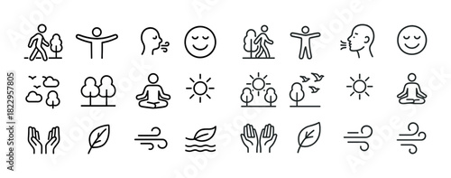 Line icons of nature, meditation, and breathing concepts in minimalist design