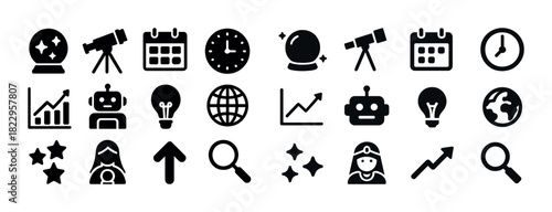 Collection of science and technology icons in black and white