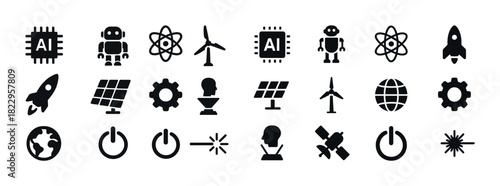 Technology icons: ai, robot, atom, wind turbine, rocket, solar panel, satellite