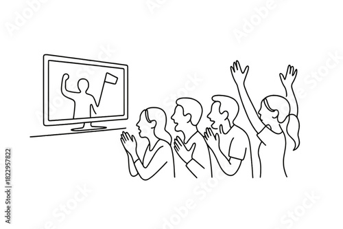 Minimalist Applause Scene. Broadcast Excitement. Minimalistic one-line drawing people clapping and cheering in