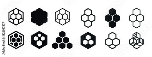 Geometric hexagonal honeycomb icon set in black and white