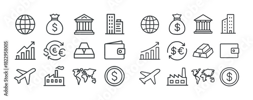 Finance and economy icons: currency, bank, buildings, graphs, wallet, investment, airplane, world map
