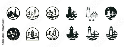 Set of nautical lighthouse and bridge icon designs