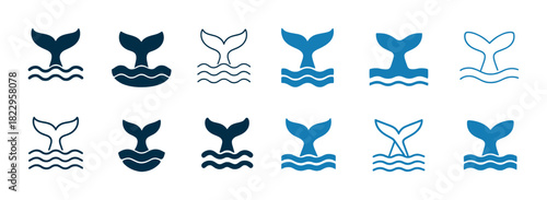 Variety of blue whale tail icons in different styles and designs