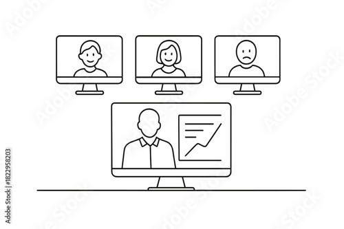 Minimalist Digital Classroom. Digital Classroom. Minimalistic one-line drawing multiple screens showing