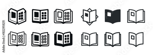 Set of book icons with diverse designs in black and white
