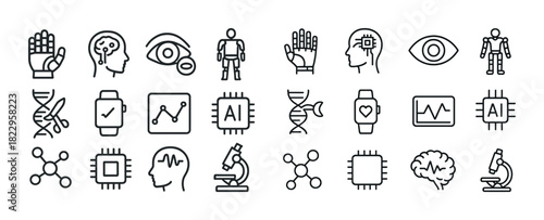 Ai technology icons: robots, dna, microchips, machine learning, neural networks