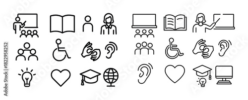 Education and accessibility icons featuring sign language and disability symbols