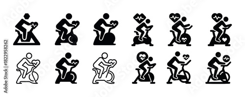 Set of exercise bike icons with heart and fitness symbols