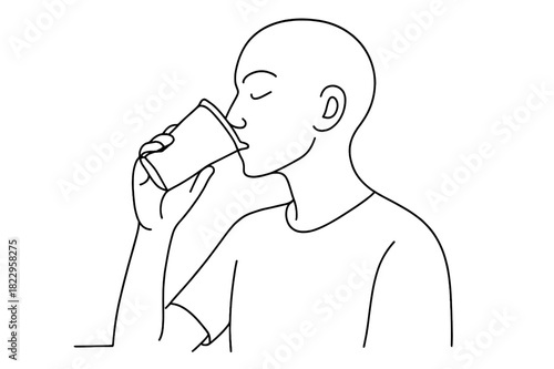 Minimalist Eco Sip. Conscious Drinking. Minimalistic one-line drawing person sipping from eco-friendly cup,