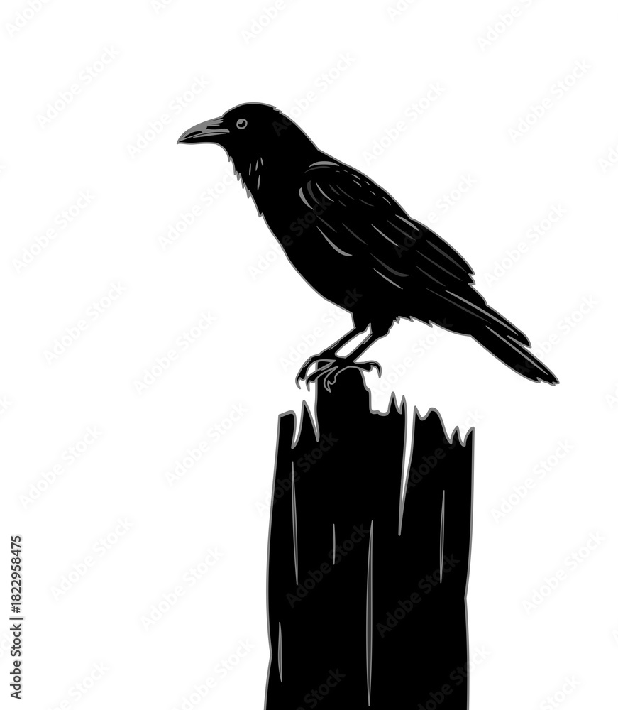 Obraz premium Minimalist line-art illustration of a raven perched on a broken wooden post. Perfect for gothic, nature, and tattoo-inspired designs. Solhouette, no background