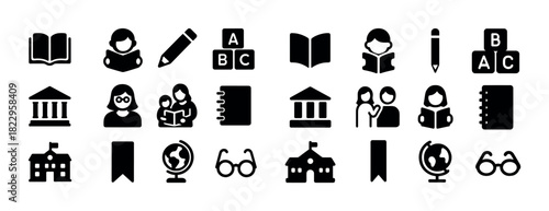 Education icons: books, schools, and learning tools in black silhouette
