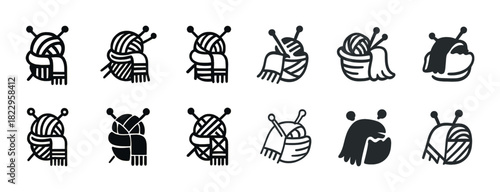 Set of black and white yarn and knitting icon illustrations