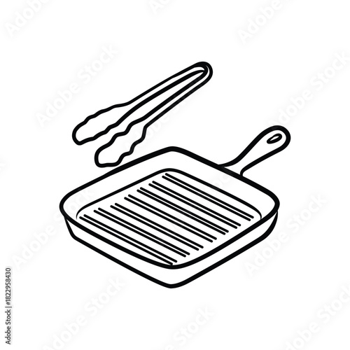 Hand Drawn Grill Pan and Tongs Doodle