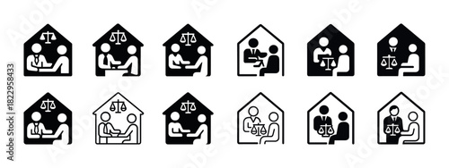 Set of legal consultation icons depicting diverse scenarios inside houses