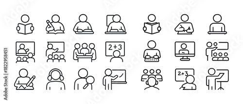 Educational icon set: reading, writing, math, online learning, classroom activities