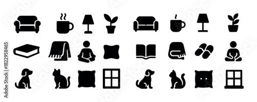 Cozy home icons: furniture, decor, pets, and relaxation silhouettes