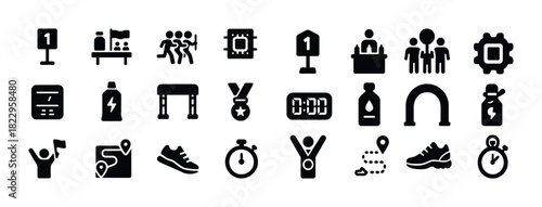 Black icons set: sports, running, awards, fitness, timers