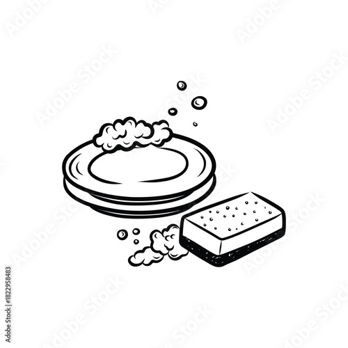 Hand Drawn Dirty Dishes with Sponge and Soap Bubbles Doodle