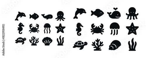 Marine life silhouettes of sea creatures in black icons set
