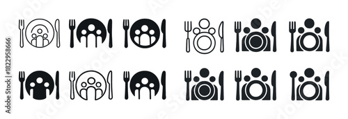 Table setting icons with fork, knife, and plate design variations