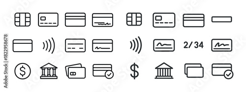 Credit and debit card icons set with bank and payment symbols