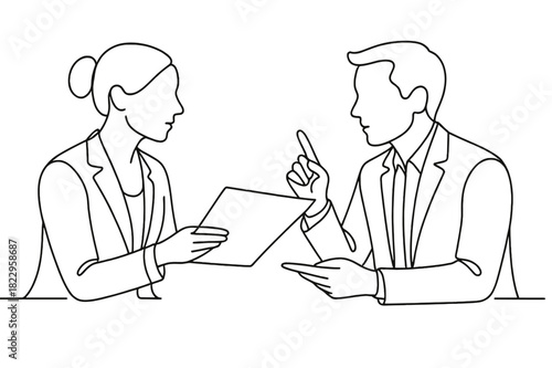 Minimalist Knowledge Exchange. Knowledge Sharing. Minimalistic one-line drawing employees exchanging documents