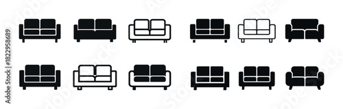 Set of twelve minimalist black and white sofa icons