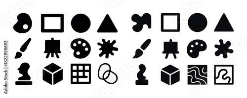 Art symbols collection: canvas, palette, brush, cube, pattern, shapes