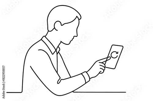 Minimalist Phone Interaction. Remote Check-In. Minimalistic one-line drawing person tapping phone to refresh